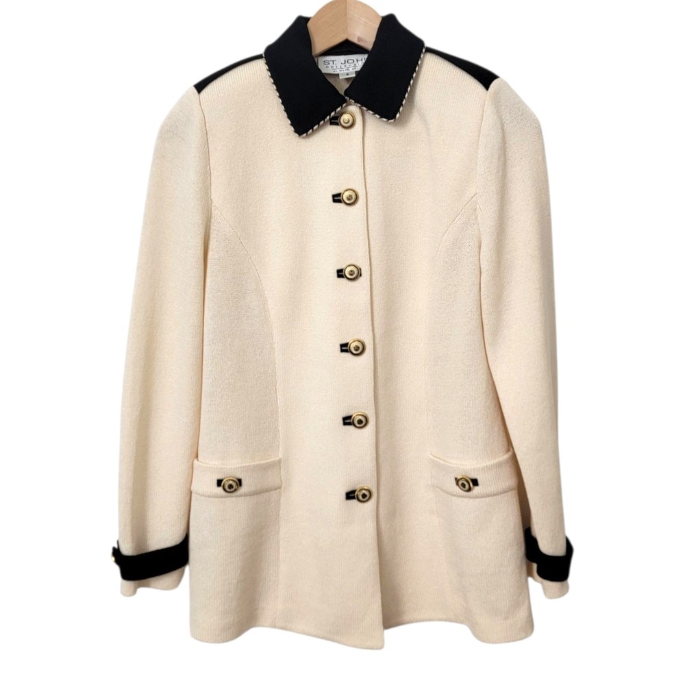 Vtg St John Collection Santana Knit Longline Blazer 4 Ivory‎ Removable Collar